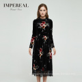 Manufacturer black lace detail velvet printed long sleeved dress